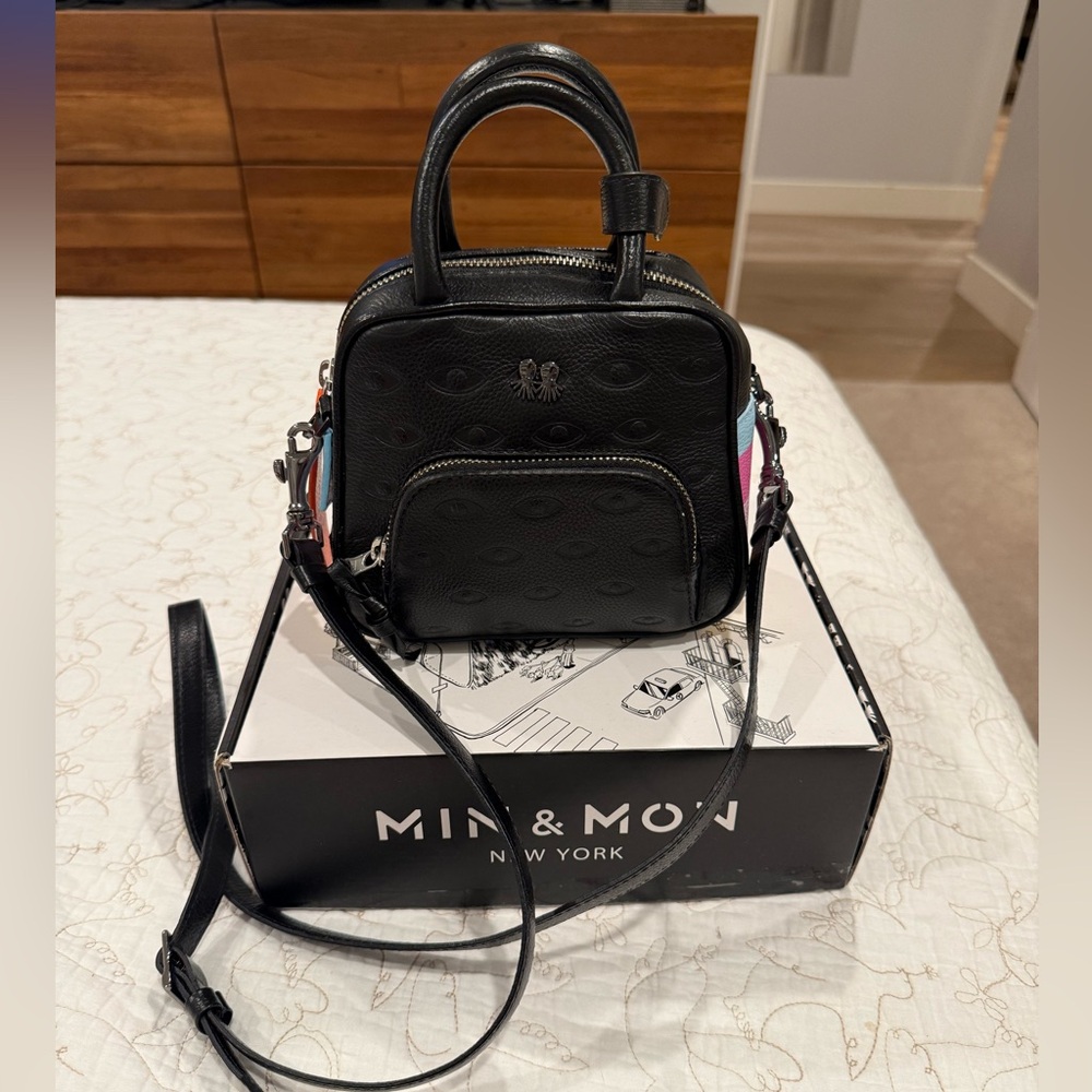 Min&Mon Marino Mini Crossbody Black, Neon Orange Leather Bag - Groovy Rainbow